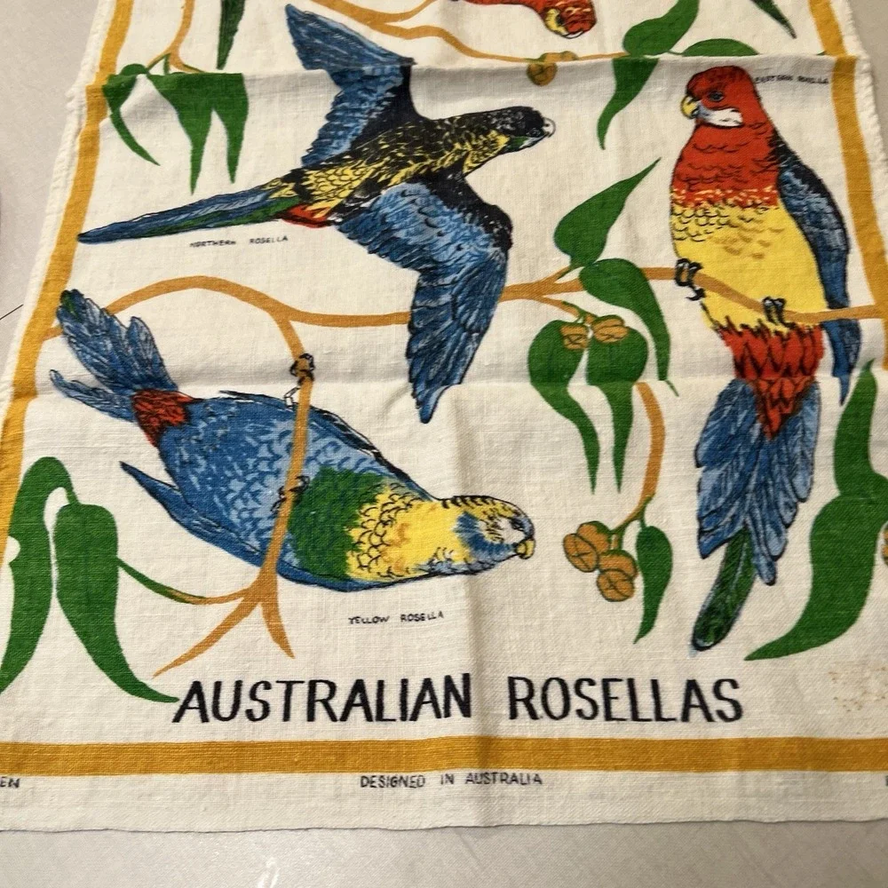VTG Souvenir Linen Tea Towel Australian Scenic Bay Local Bird Kitchen Dish 17x28